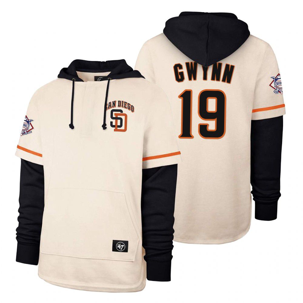 Men San Diego Padres 19 Gwynn Cream 2021 Pullover Hoodie MLB Jersey